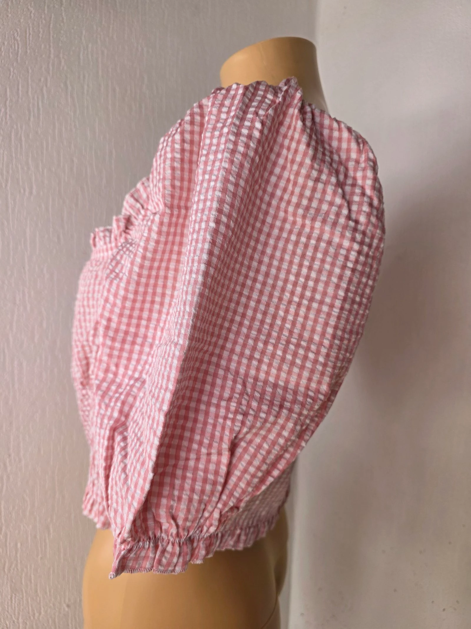 Top cropped vichy com ombros à mostra estilo milkmaid cottagecore rosa gingham milkmaid tamanho G – photo 4